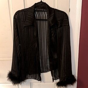 Sheer striped sparkly fur sleeve button down